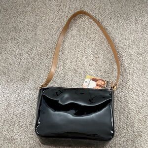Kathy Ireland Black Patent Faux Leather Shoulder Bag with Tan Strap
